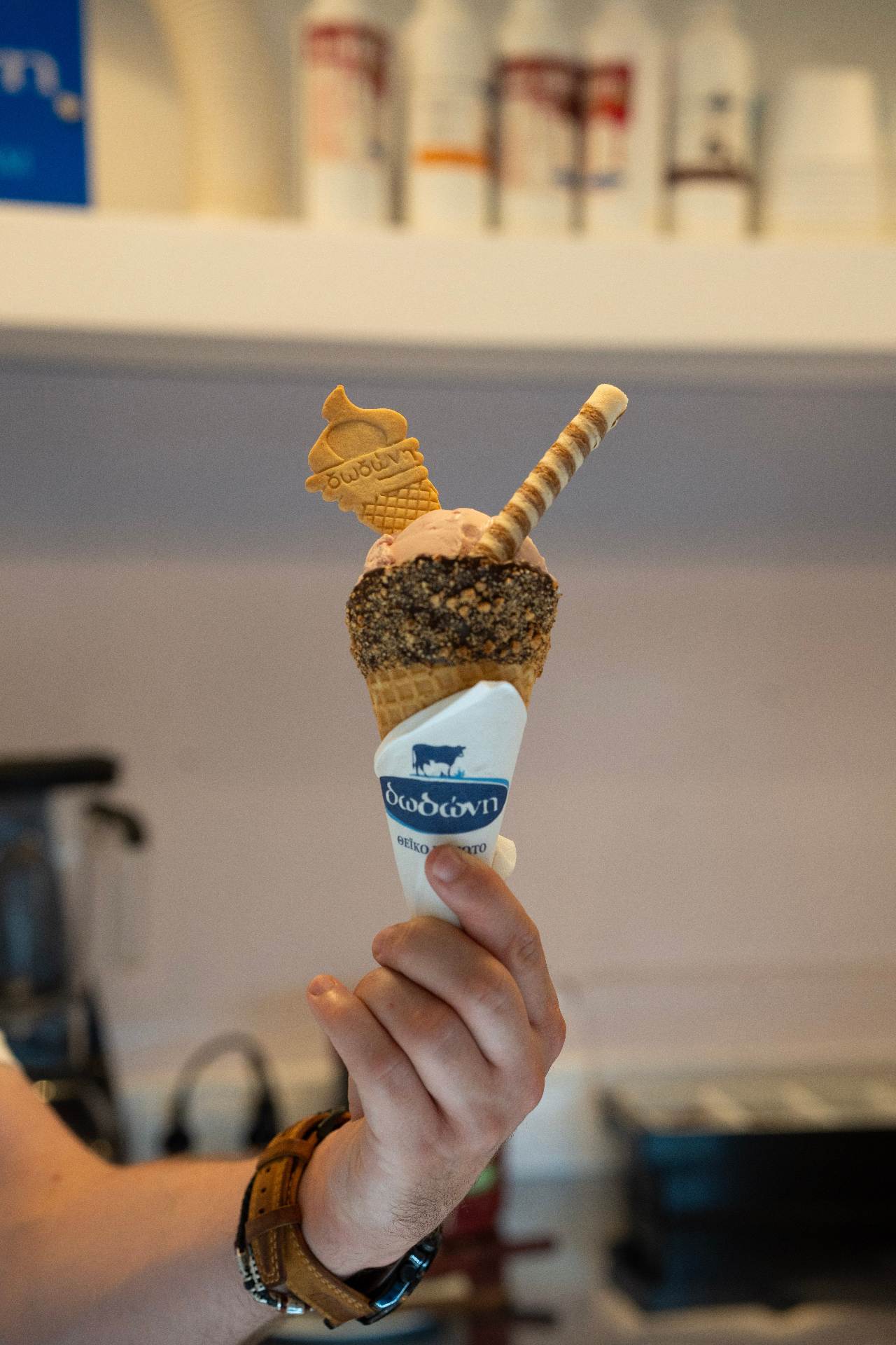 Authentic Dodoni ice cream cone at Majestic Dodoni Cafe in Tsilivi