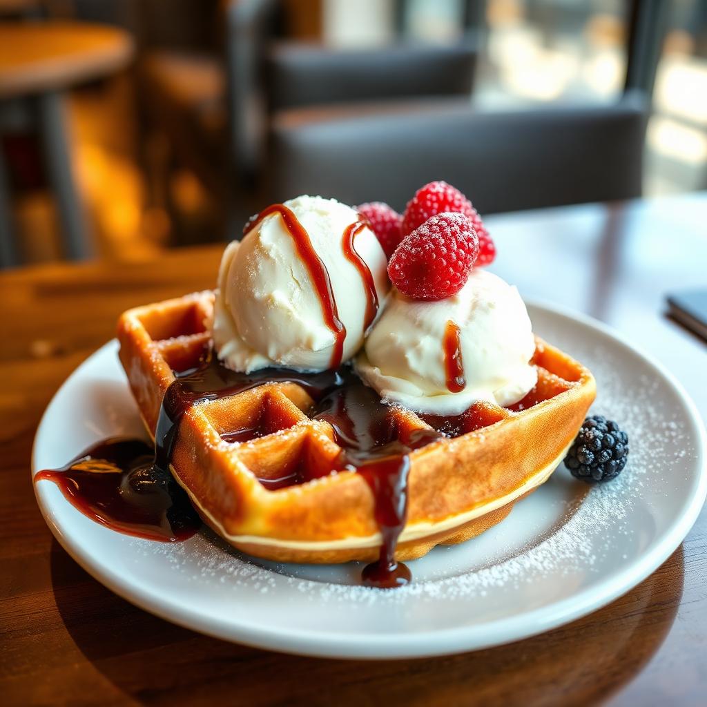 Waffle with chocolate sauce and ice cream at Majestic Dodoni Cafe