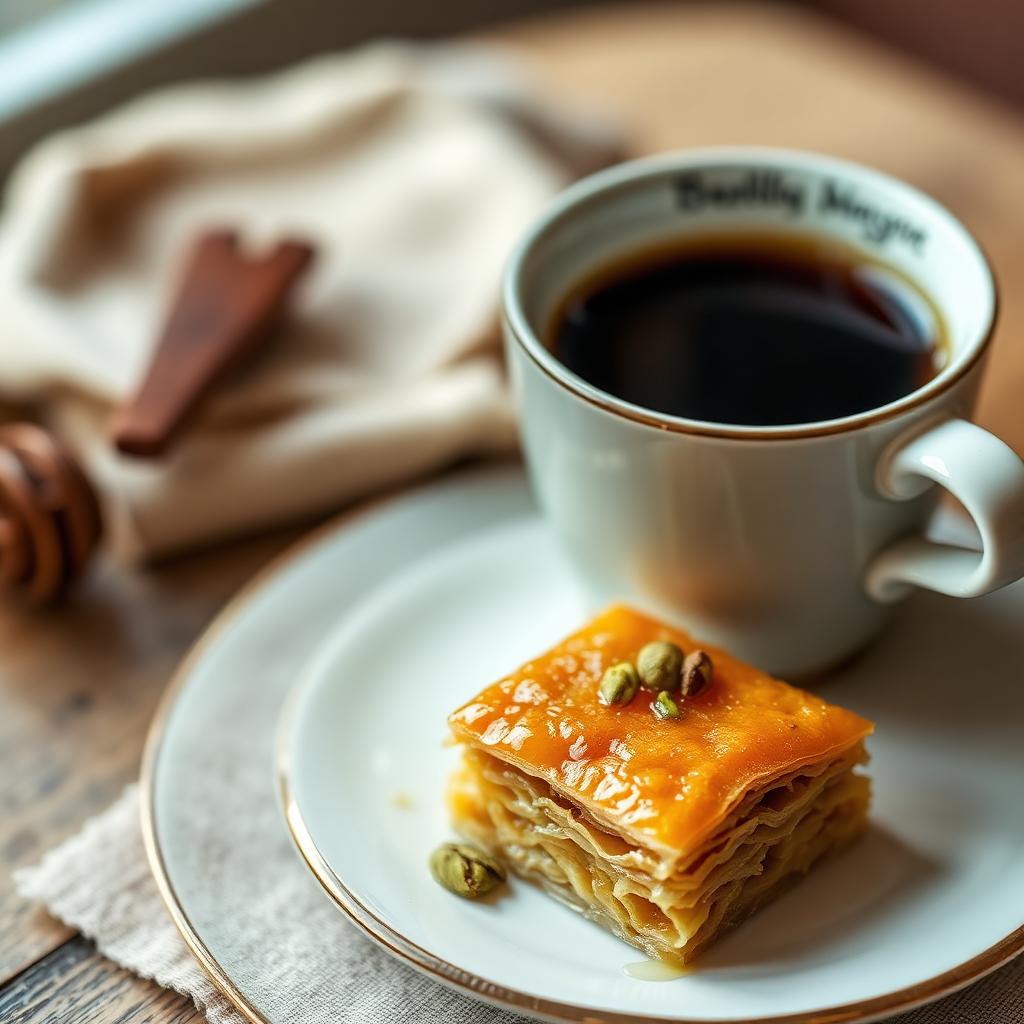 Baklava with pistachio and Greek coffee