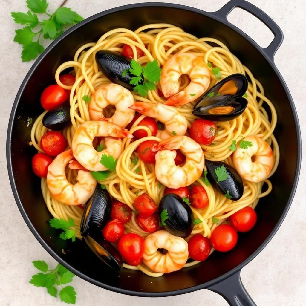 Seafood pasta with prawns and mussels