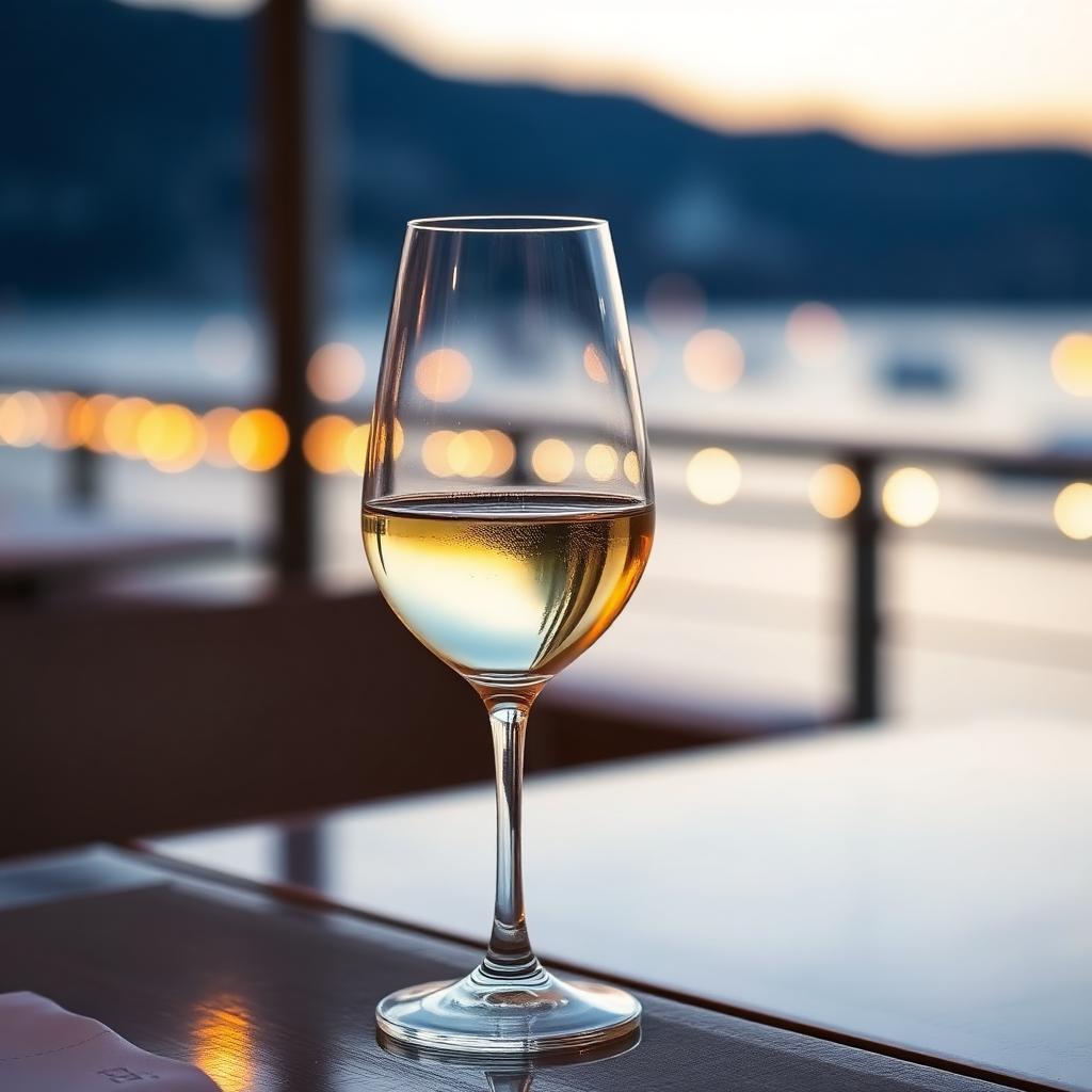 Glass of Greek white wine at sunset