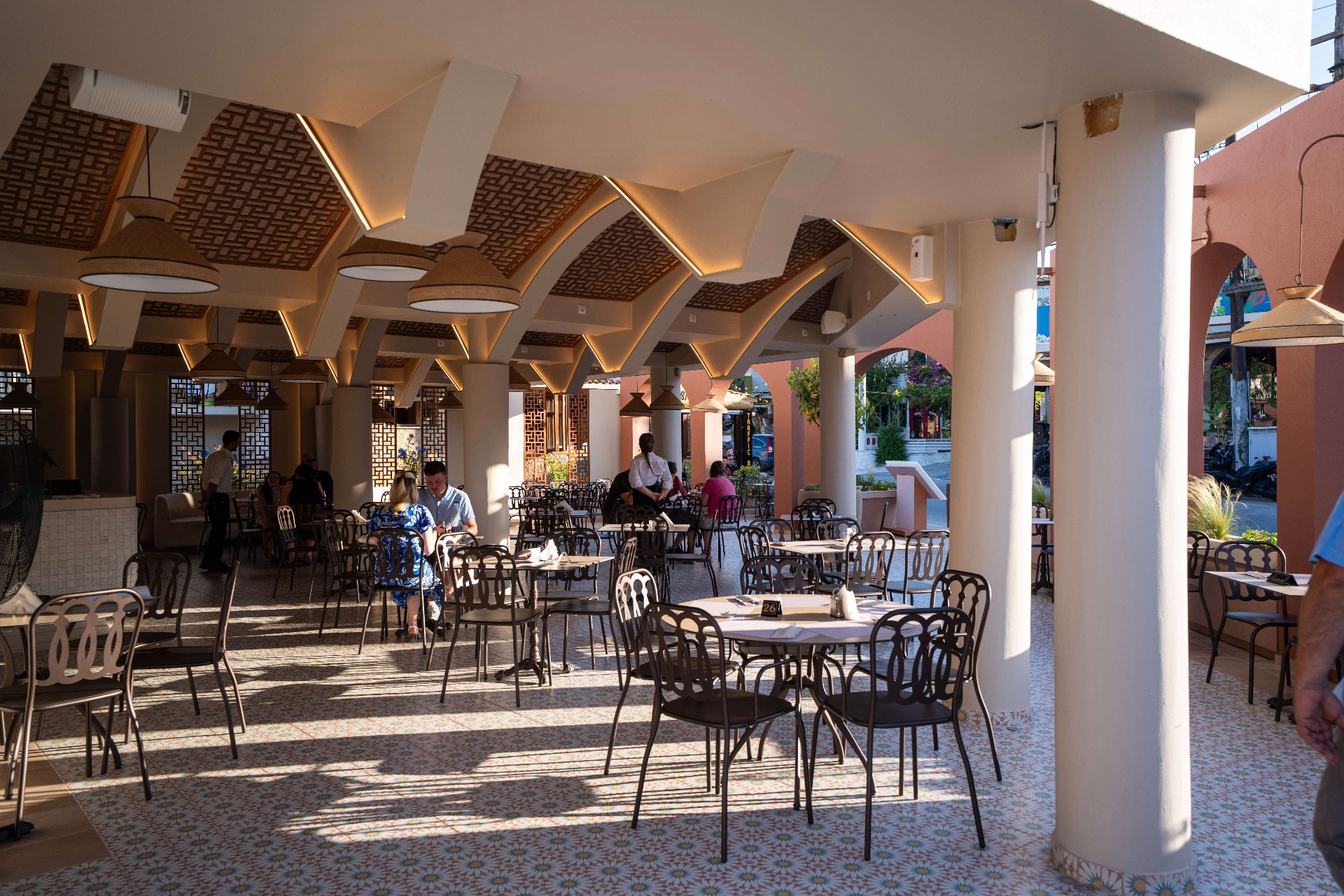 Majestic restaurant's airy covered terrace with patterned tiles